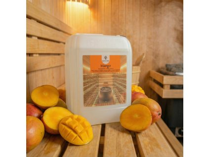 Generated with Kive.ai close up photo steam room essence 5L canister Mango surrounded with lots of juicy mangos resized Photoroom