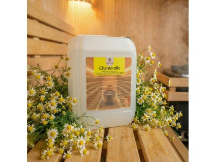 Generated with Kive.ai close up photo steam room essence 5L canister Chamomile surrounded with lots of chamomile flowers resized Photoroom