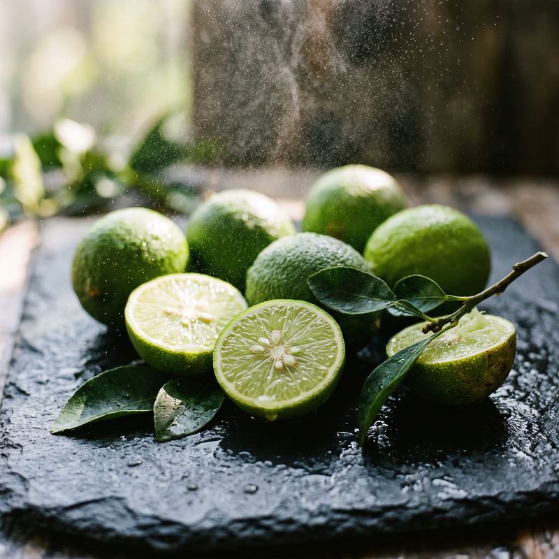 Lime interi e tagliati a metà su ardesia scura