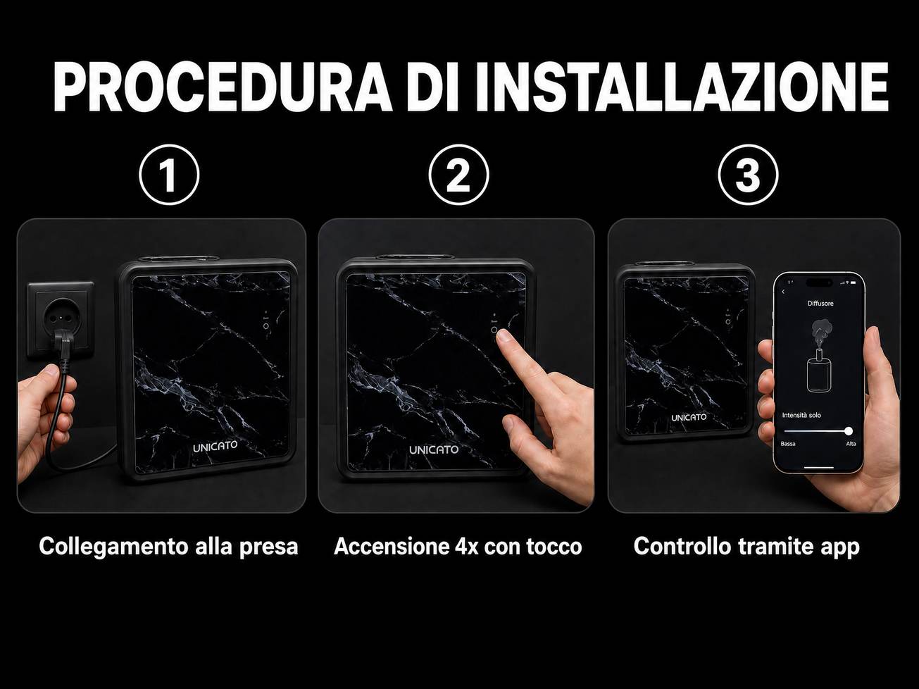 Passaggi di installazione del MARBLE-L: collegamento alla presa, sblocco della serratura, controllo tramite app