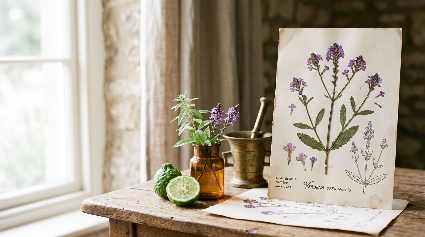 Verbena, bergamotto e antichi vasi da farmacia su carta d'erbario