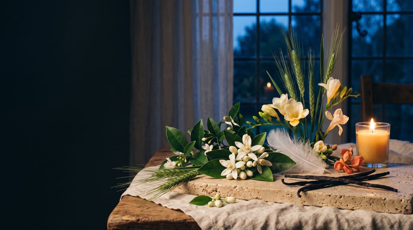 Fiori d'arancio, fresia, grano giovane e vaniglia alla luce di una candela al crepuscolo