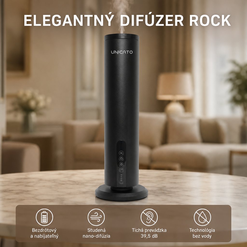 Elegantný difúzer ROCK – bezdrôtový, studená nano-difúzia, tichý, bez vody