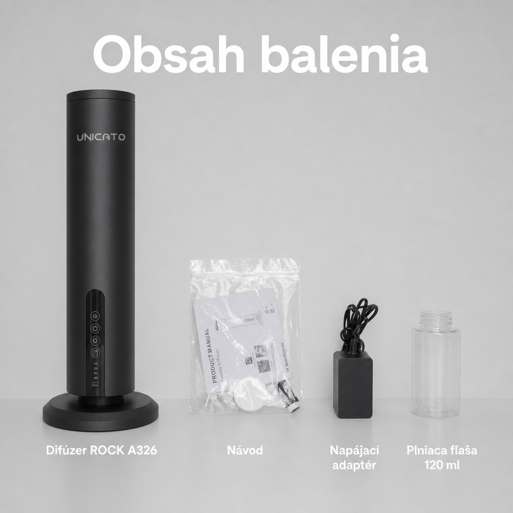Obsah balenia: difúzer, návod, adaptér, plniaca fľaša