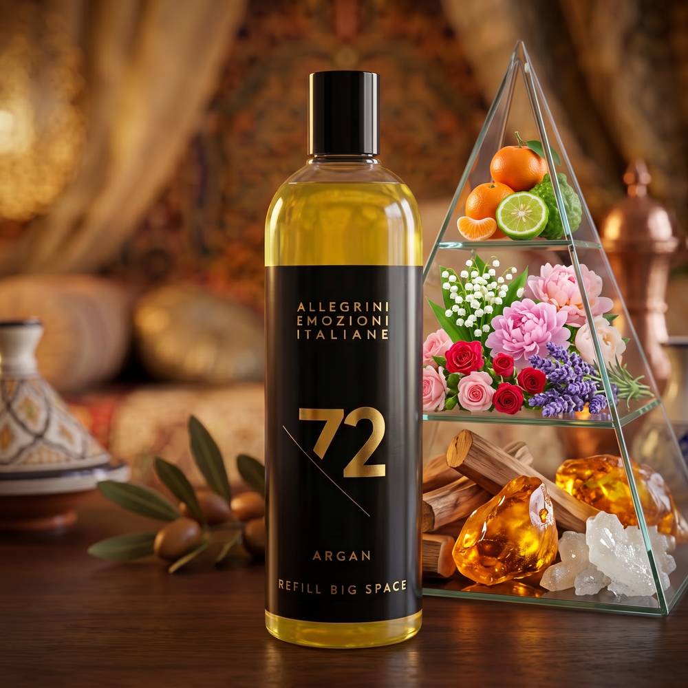 Olio profumato ARGAN-72 500 ml e piramide olfattiva: bergamotto, mandarino, mughetto, peonia, rosa, lavanda, legno di sandalo, ambra, muschio