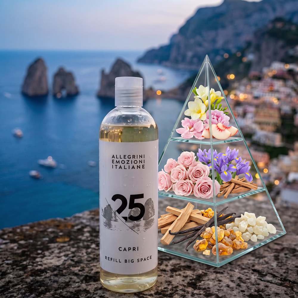 Olio profumato CAPRI-25 500 ml e piramide olfattiva: fresia, peonia, pesca, rosa, iris, legno di sandalo, vaniglia, ambra, muschio bianco