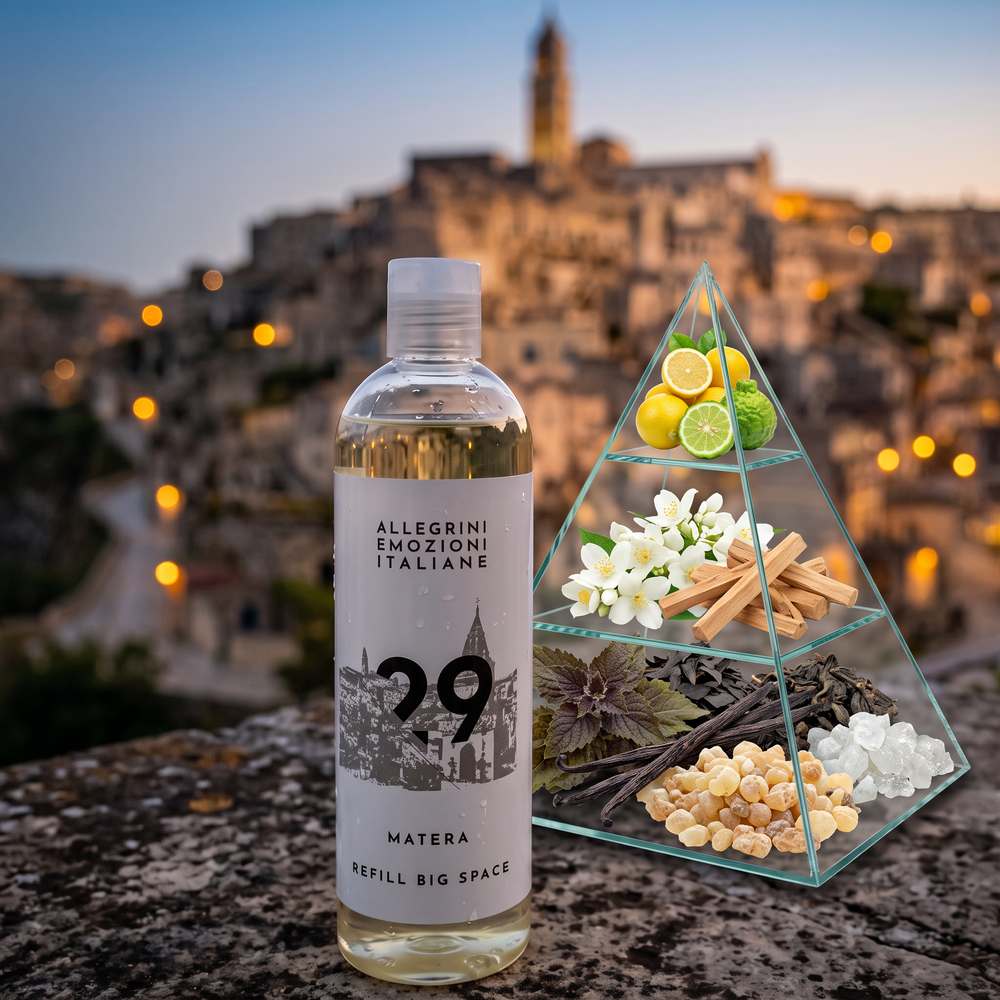 Olio profumato MATERA-29 500 ml e piramide olfattiva: limone, bergamotto, gelsomino, legno di sandalo, patchouli, vaniglia, olibano, muschio