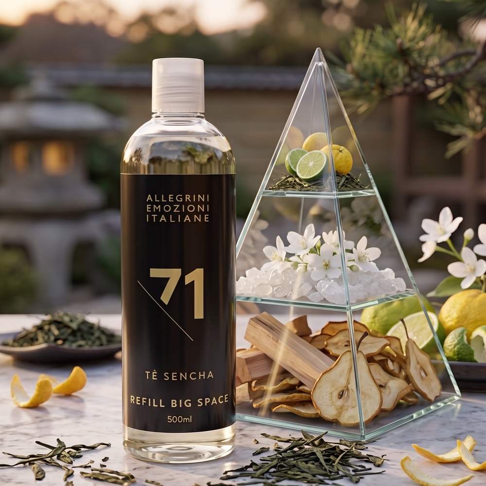 Vonný olej TÈ SENCHA-71 500 ml a vonná pyramida: citrusy, zelený čaj, květinové tóny, pižmo, dřevité tóny, ovocné tóny