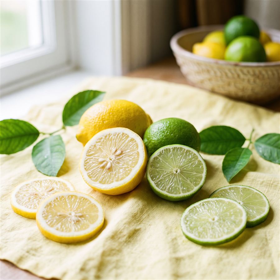 Citrony a limetky, rozkrojené plody na světle žlutém lněném ubrusu
