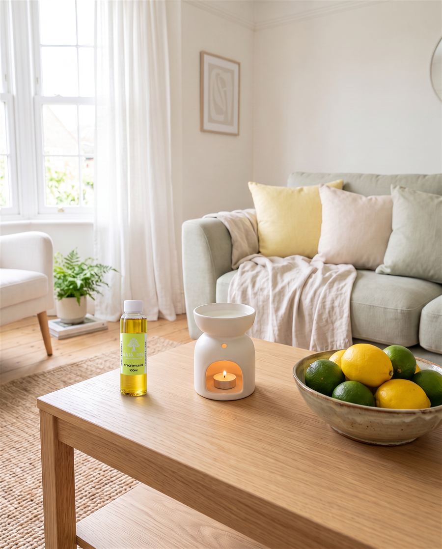 Světlý obývací pokoj s aromalampou, citrony, limetkami a vonným olejem Citron a limetka 100 ml
