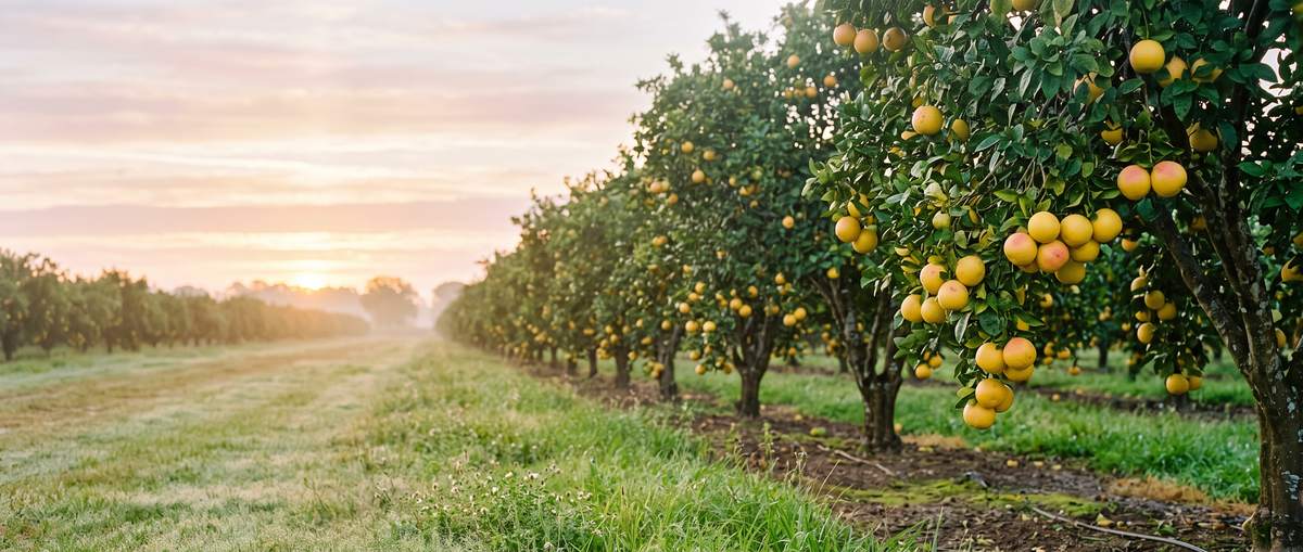 Grapefruitový sad na americkom juhu za ružového úsvitu