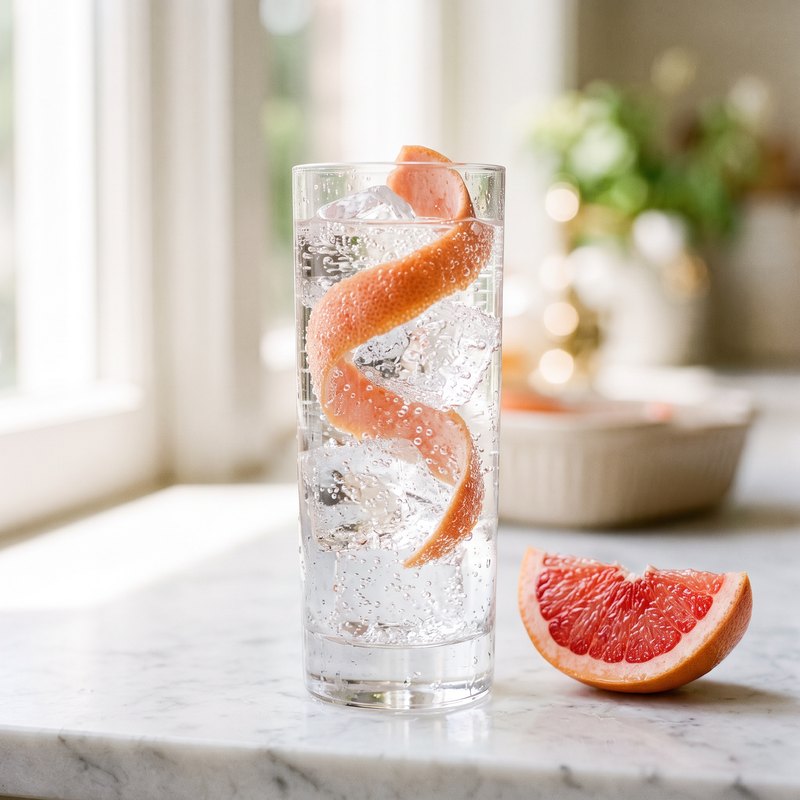 Pohár perlivej vody s ľadom a kôrou grapefruitu na mramore