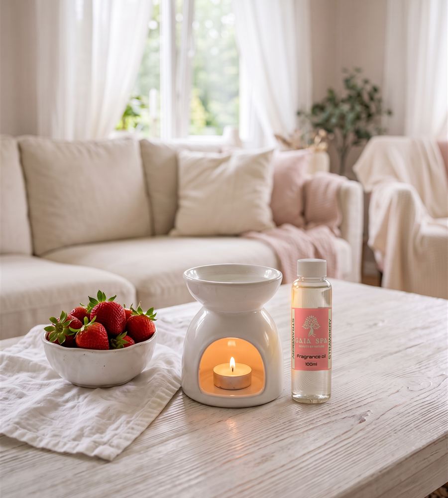 Svetlá obývačka s aromalampou, miskou jahôd a vonným olejom Jahoda 100 ml
