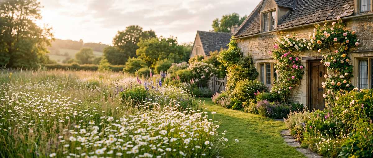 Anglická záhrada v Cotswolds s kvitnúcou rímskou kamilkou a kamennou chalupou pri západe slnka