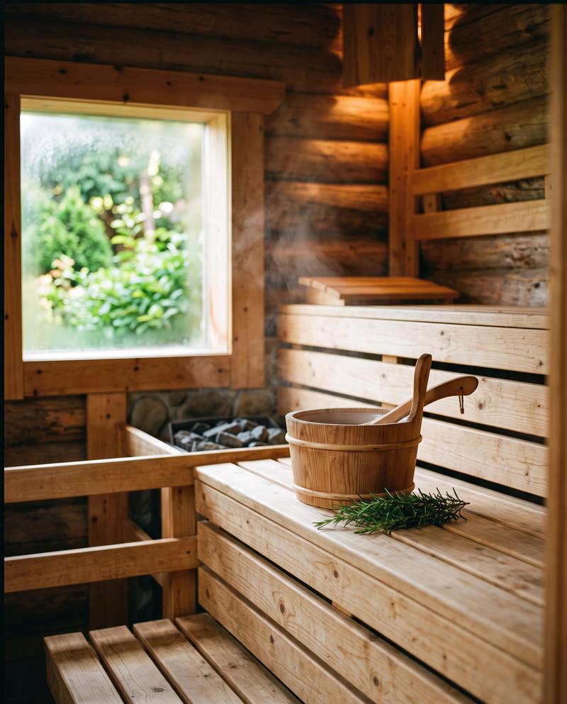 Drevená fínska sauna so svetlými lavicami, vedierkom a snítkou rozmarínu