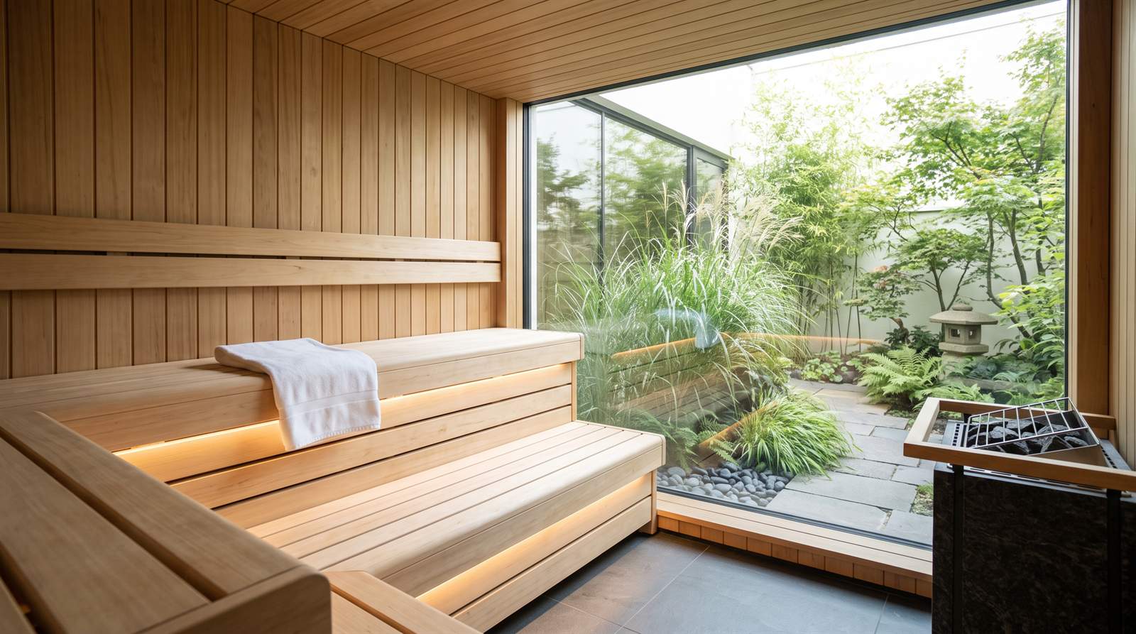 Moderná hotelová sauna so sklenenou stenou do zelenej záhrady s okrasnými trávami, na lavici zložený uterák