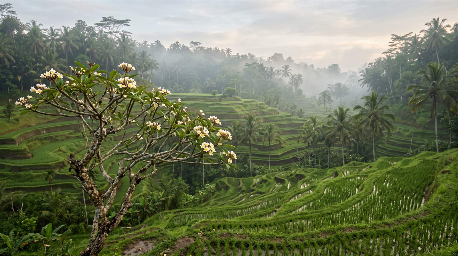 Starý strom frangipani s bielo-žltými kvetmi, za ním ryžové terasy a palmy na Bali