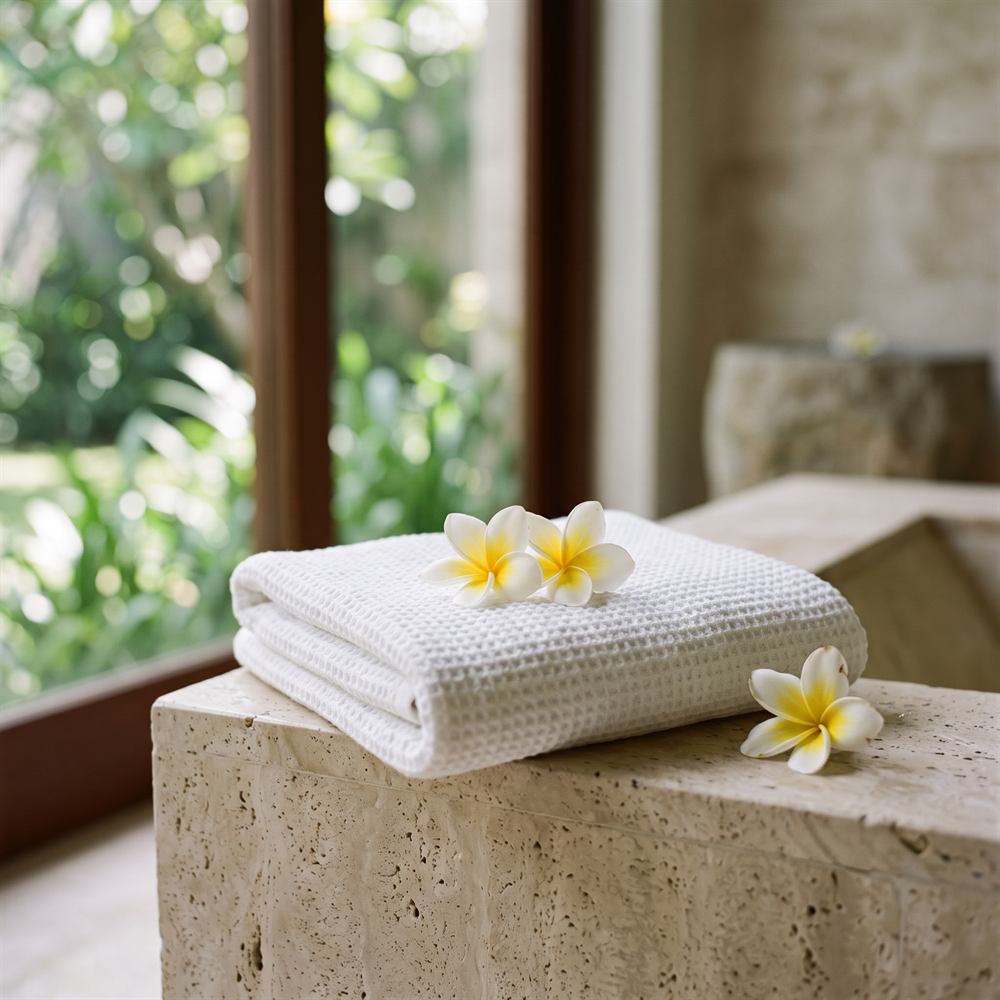 Voľne položené kvety frangipani na zloženom bielom uteráku v modernom wellness