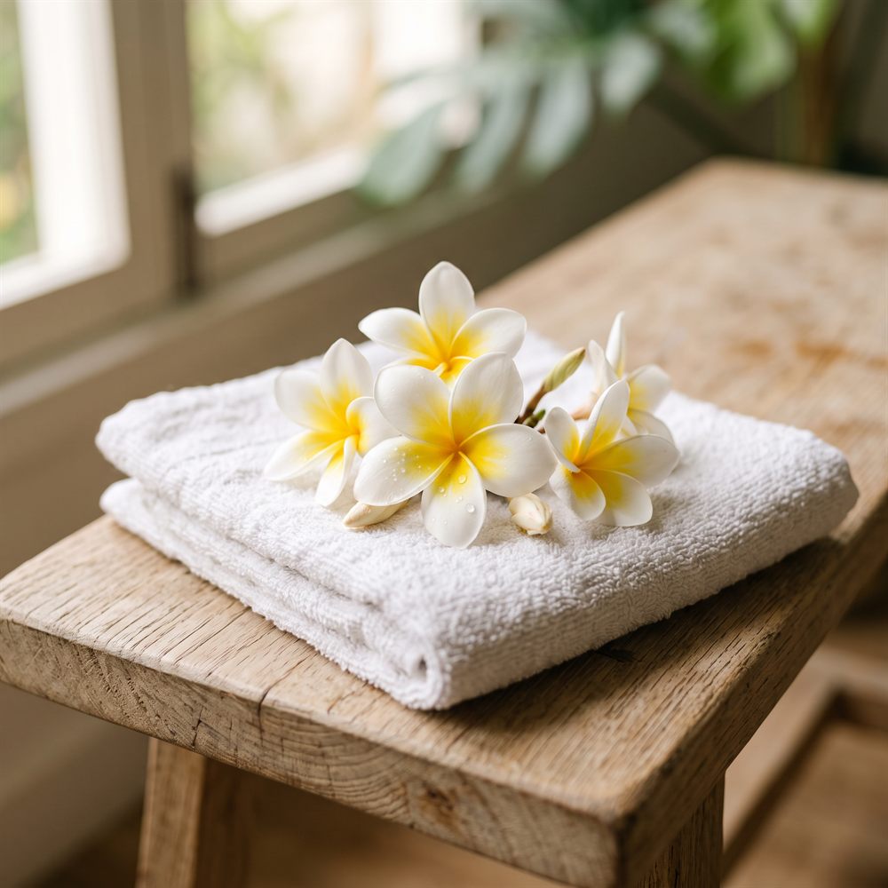 Čerstvé kvety frangipani na zloženom bielom uteráku