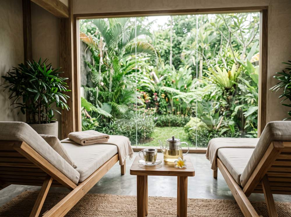 Odpočiváreň hotelového wellness s lehátkami pri panoramatickom okne do tropickej záhrady, sklenená kanvica čaju a kvet frangipani