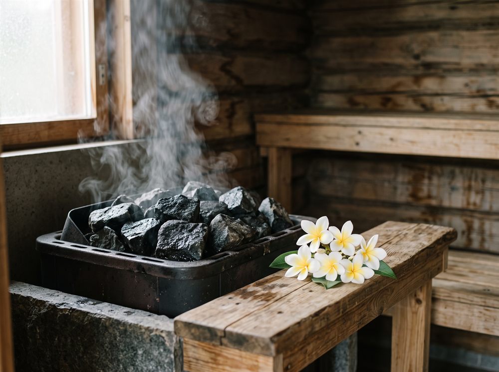 Para nad horúcimi saunovými kameňmi, na lavici čerstvé kvety frangipani