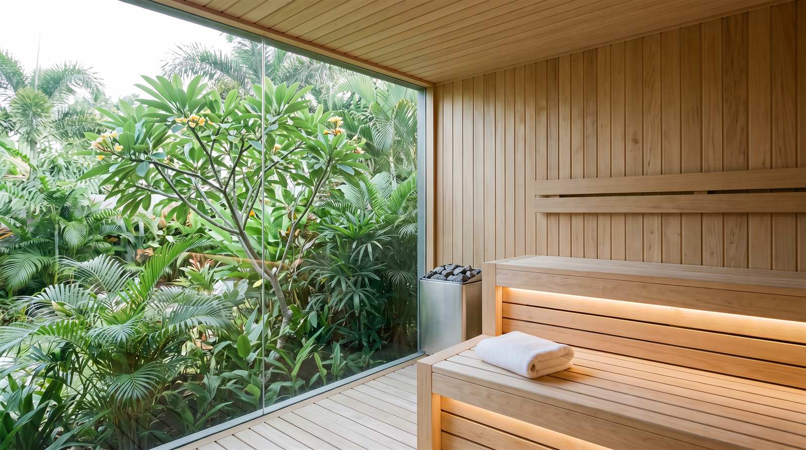 Moderná hotelová sauna so sklenenou stenou do tropickej záhrady so stromom frangipani, na lavici zložený uterák
