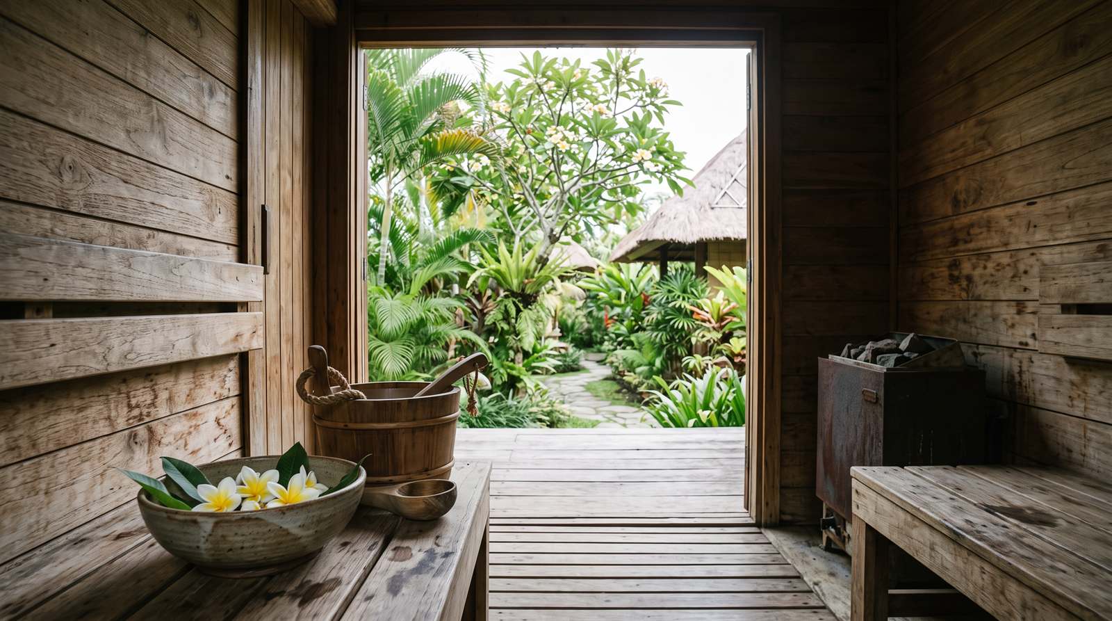 Drevená sauna v balijskom spa s výhľadom do tropickej záhrady, na lavici kameninová miska s kvetmi frangipani a vedierko