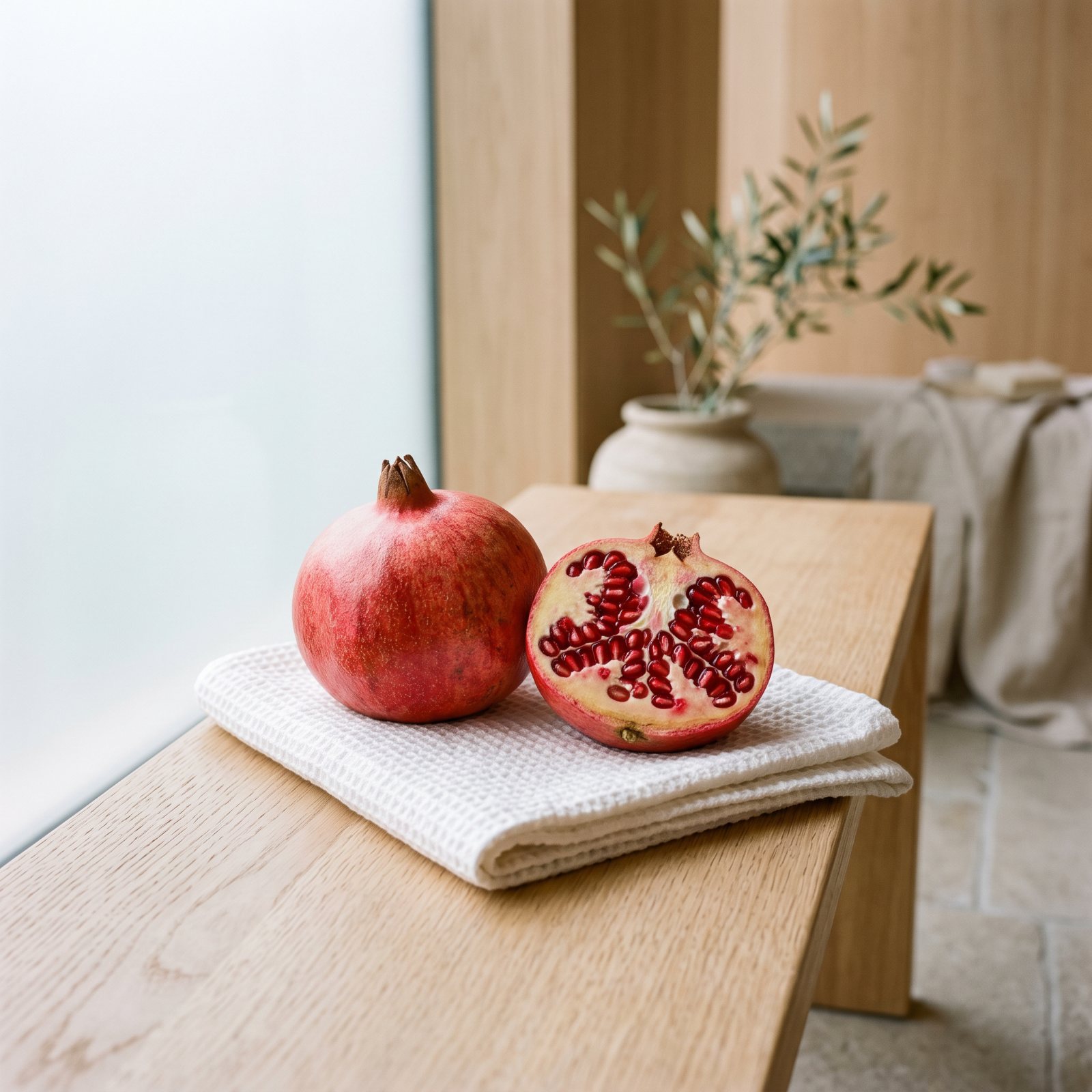 Celé a rozkrojené granátové jablko na složeném bílém ručníku v moderním wellness