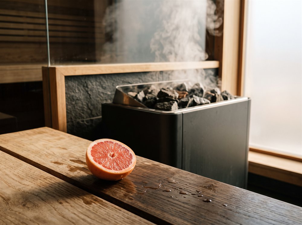 Moderná saunová piecka a para, na lavici voľne položená rozkrojená polovica ružového grapefruitu