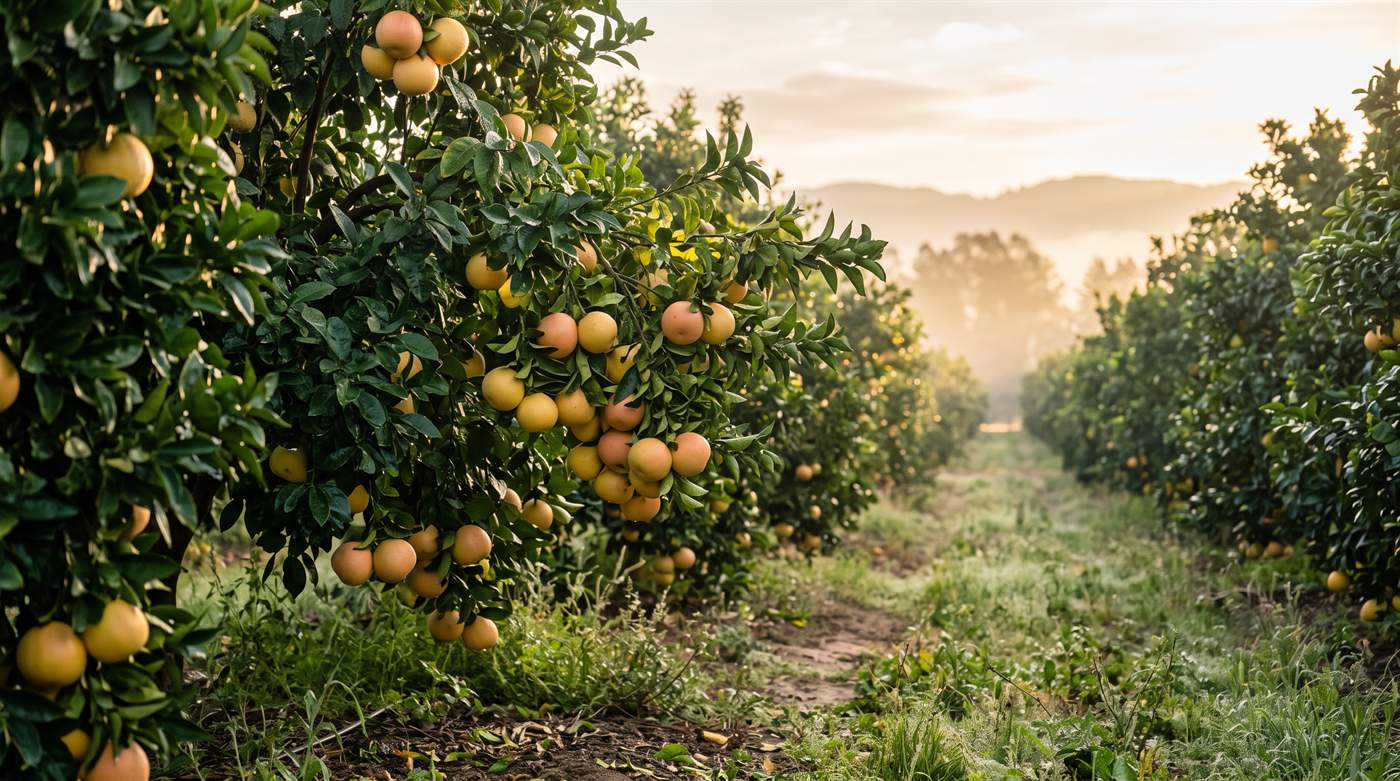 Grapefruitovníky s dozrievajúcimi plodmi v rannom svetle