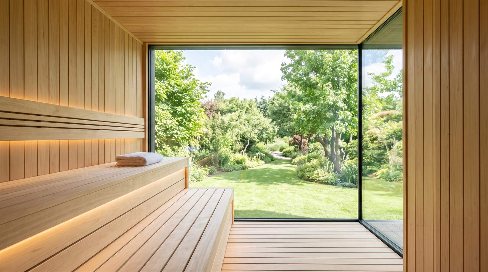 Moderná hotelová sauna so sklenenou stenou do zelenej letnej záhrady, na lavici zložený uterák