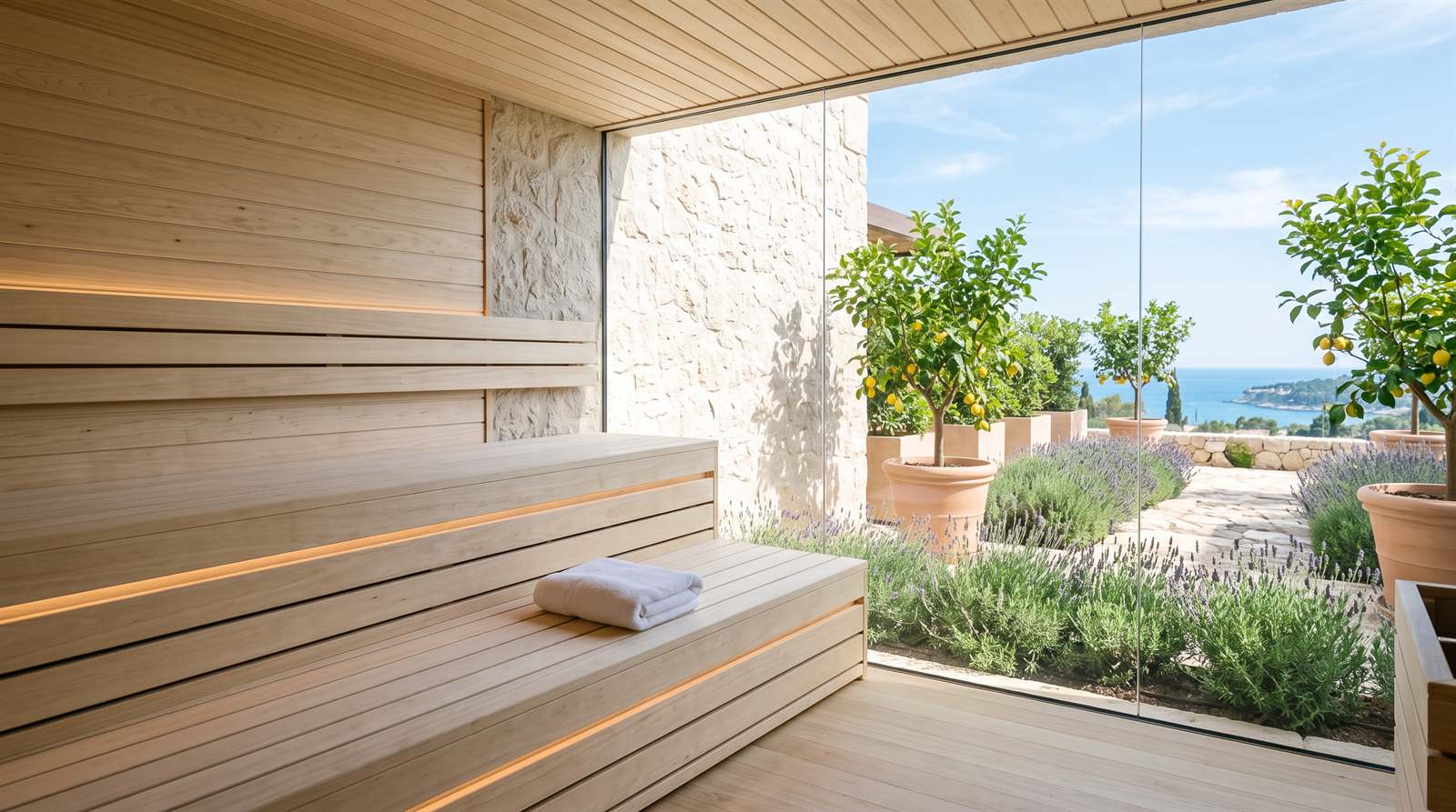 Moderná hotelová sauna so sklenenou stenou do slnečnej stredomorskej záhrady s citrónovníkmi a levanduľou, na lavici zložený uterák