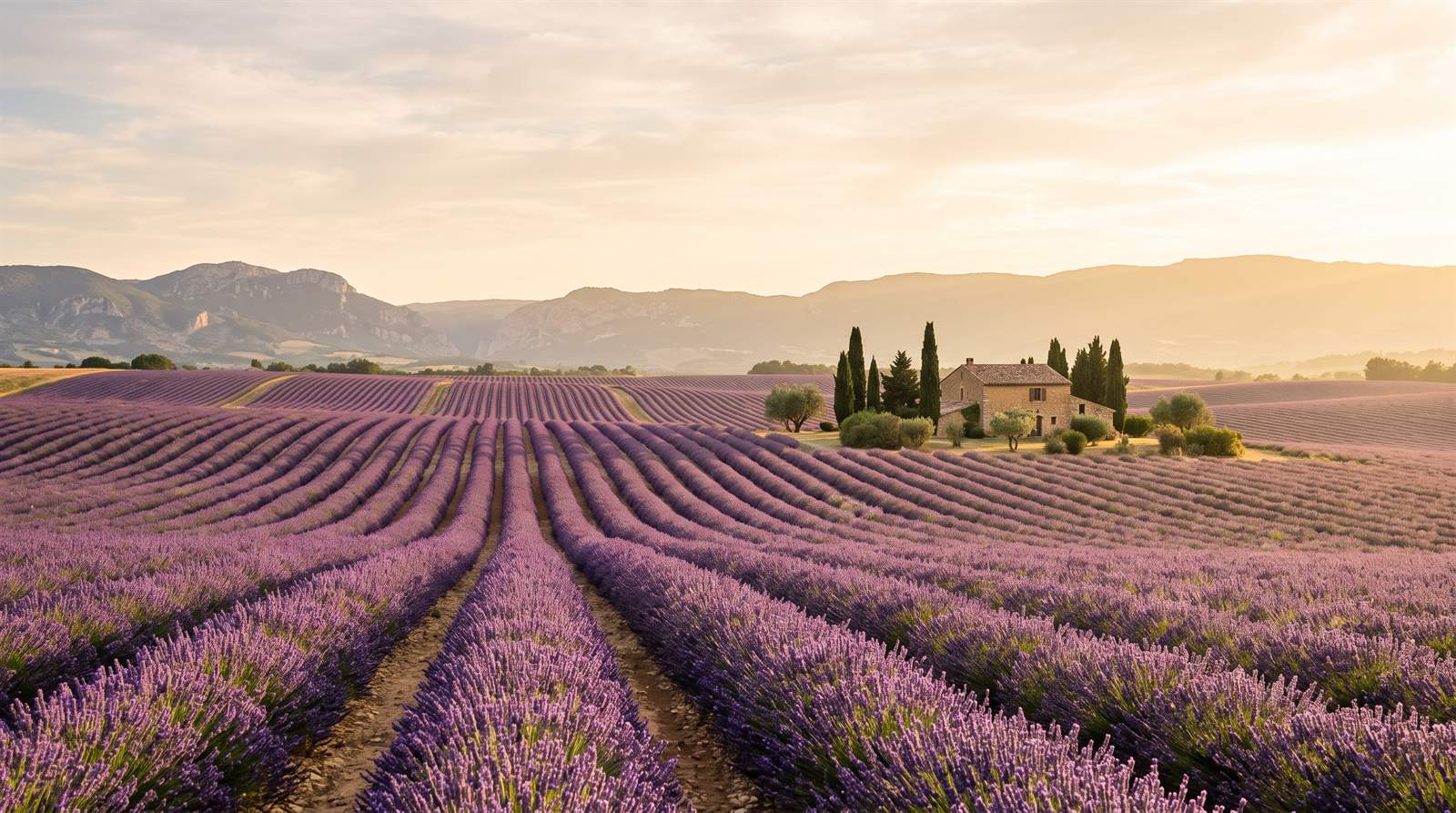 Rady rozkvitnutej levandule na kopcoch Provence v podvečernom slnku