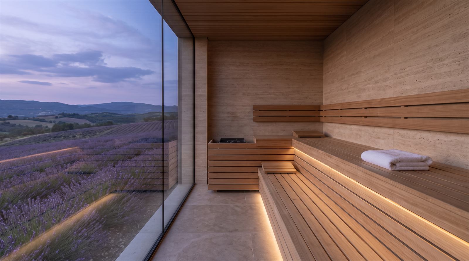 Moderná hotelová sauna so sklenenou stenou do levanduľových polí za súmraku, na lavici zložený uterák