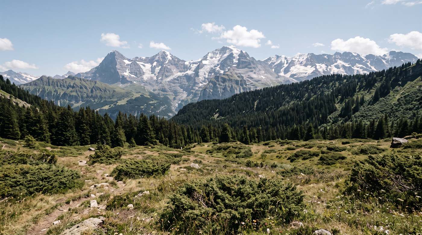Alpská lúka s borievkami a bylinkami, za ňou jedľový les a zasnežené štíty Švajčiarska