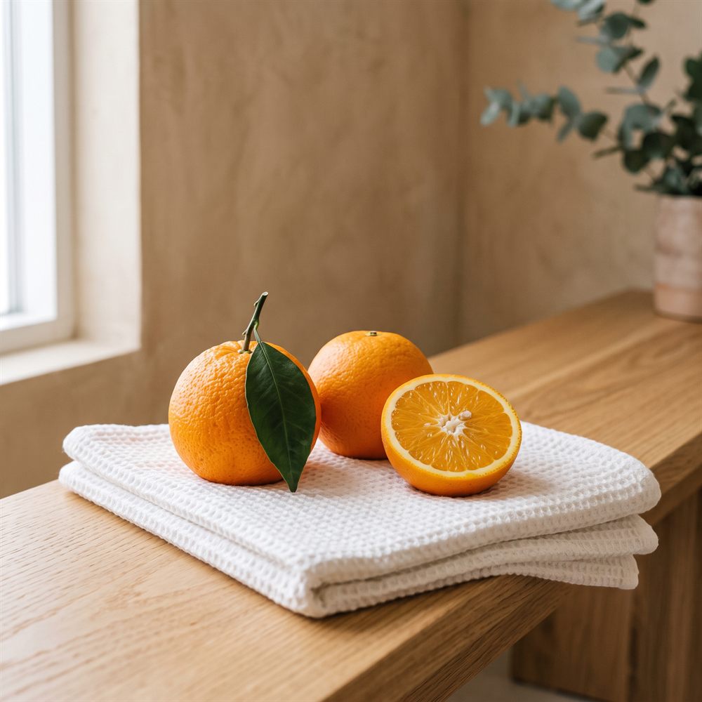 Pomaranče s lístkami a rozkrojená polovica na zloženom bielom uteráku v modernom wellness