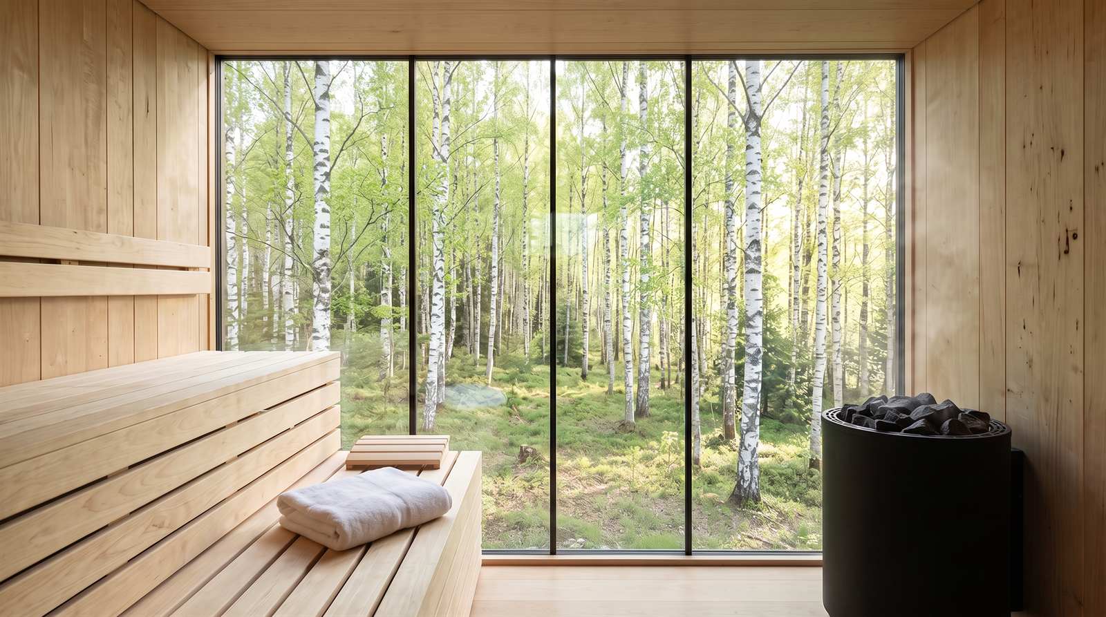Moderná severská hotelová sauna so sklenenou stenou do brezového lesa, na lavici zložený biely uterák
