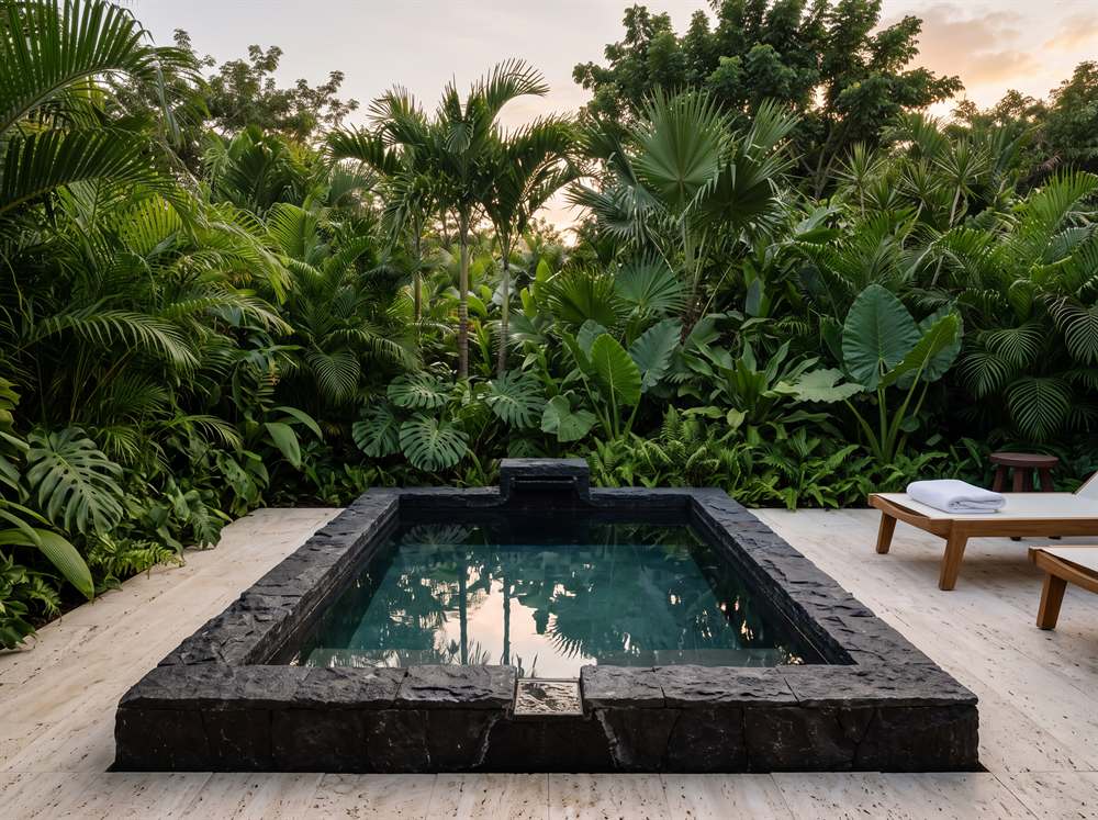 Ochladzovací bazén z tmavého kameňa v tropickej záhrade hotelového wellness, na lehátku zložený uterák