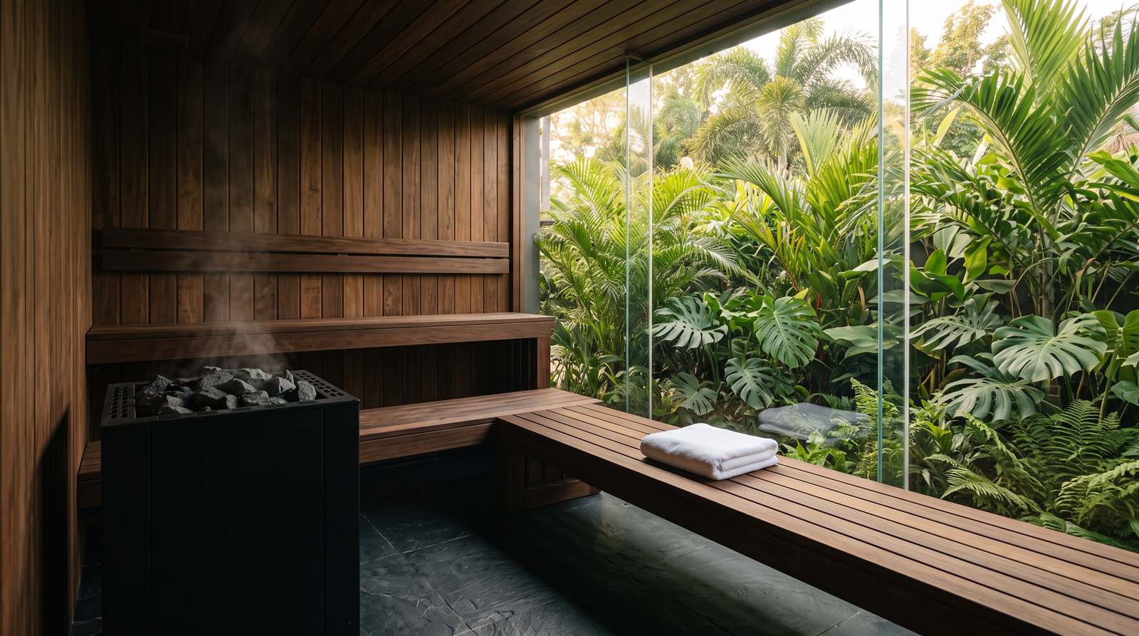 Moderná hotelová sauna z tmavého dreva so sklenenou stenou do tropickej záhrady, na lavici zložený biely uterák