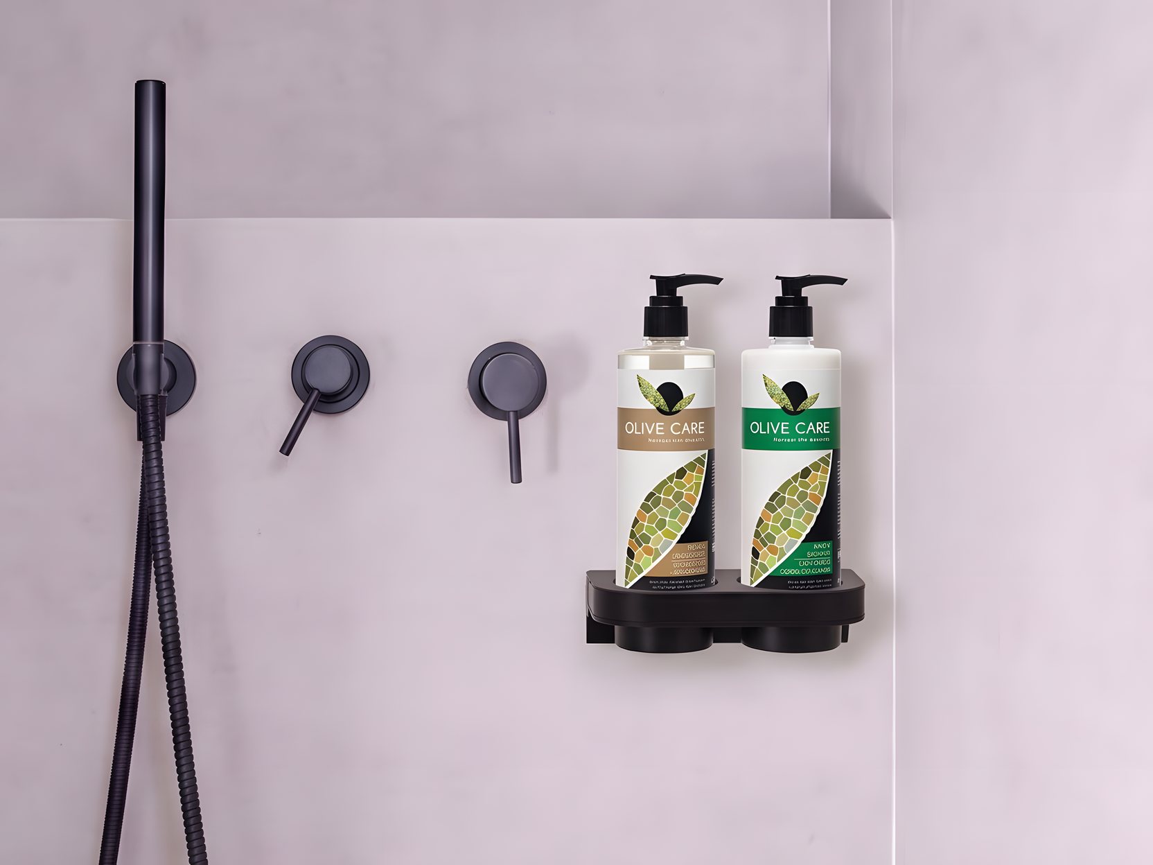 Dávkovače OLIVE CARE ve dvojitém držáku MAGNET ve sprše