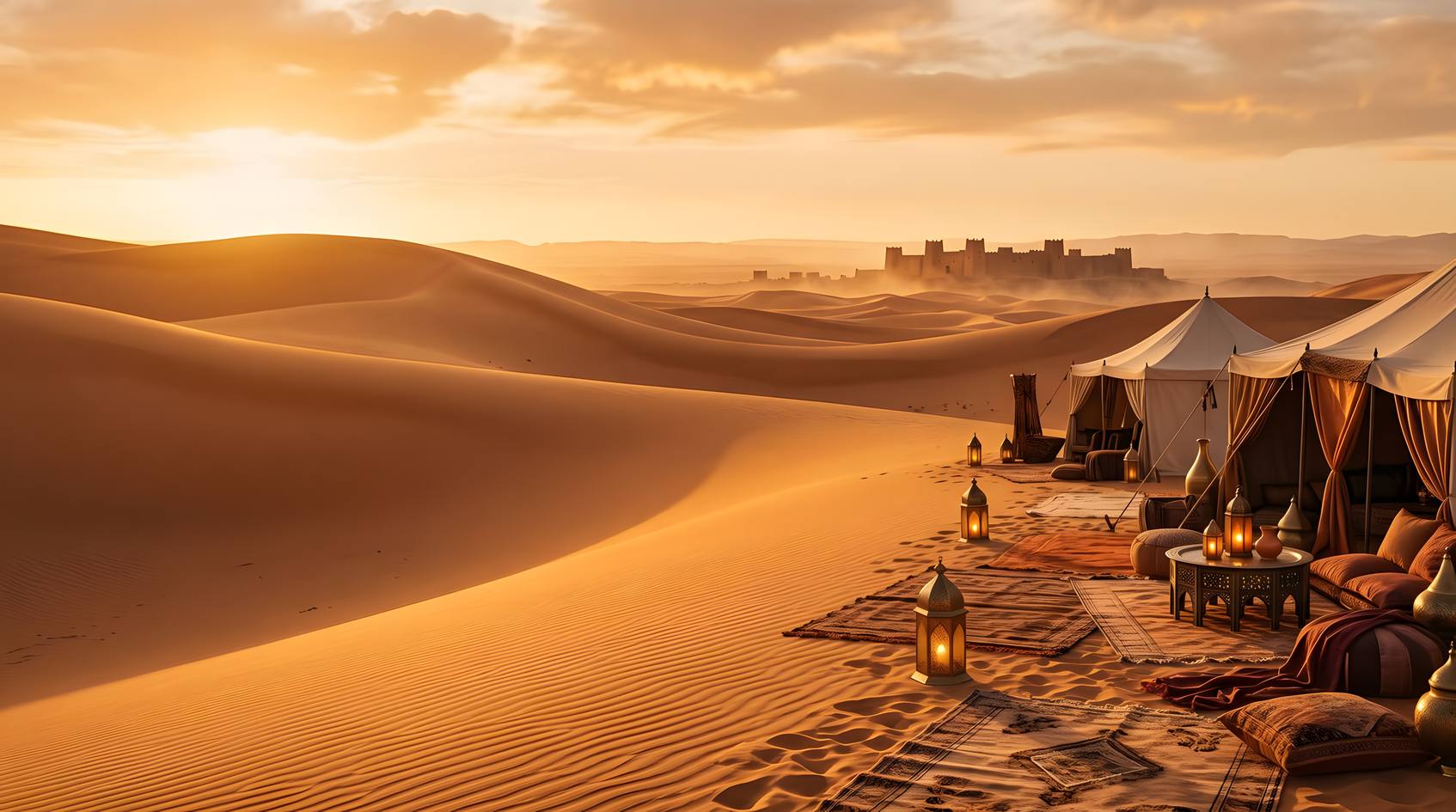 Goldene Dünen der marokkanischen Sahara bei Sonnenuntergang