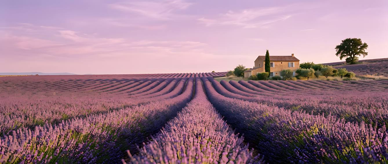 Redovi lavande u cvatu na visoravni Valensole u Provansi pri zalasku sunca