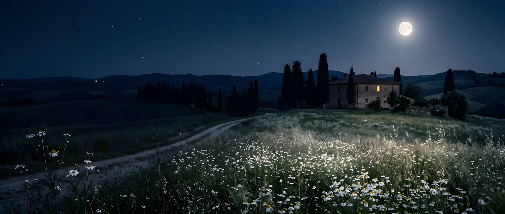 Mesačná noc nad lúkou harmančeka a kamenným statkom na talianskom vidieku
