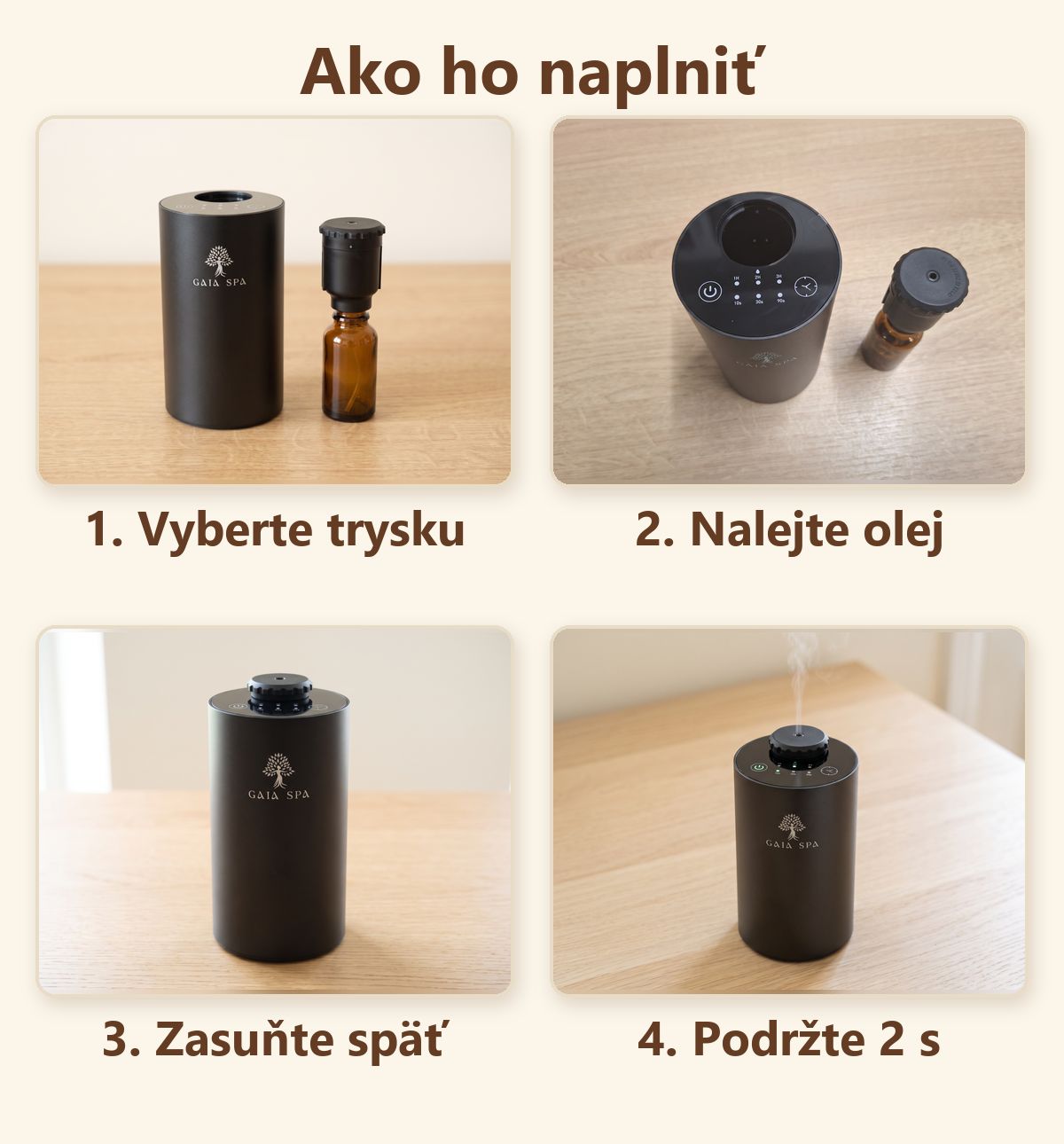 Ako naplniť difúzer GAIA SPA AURA – štyri kroky