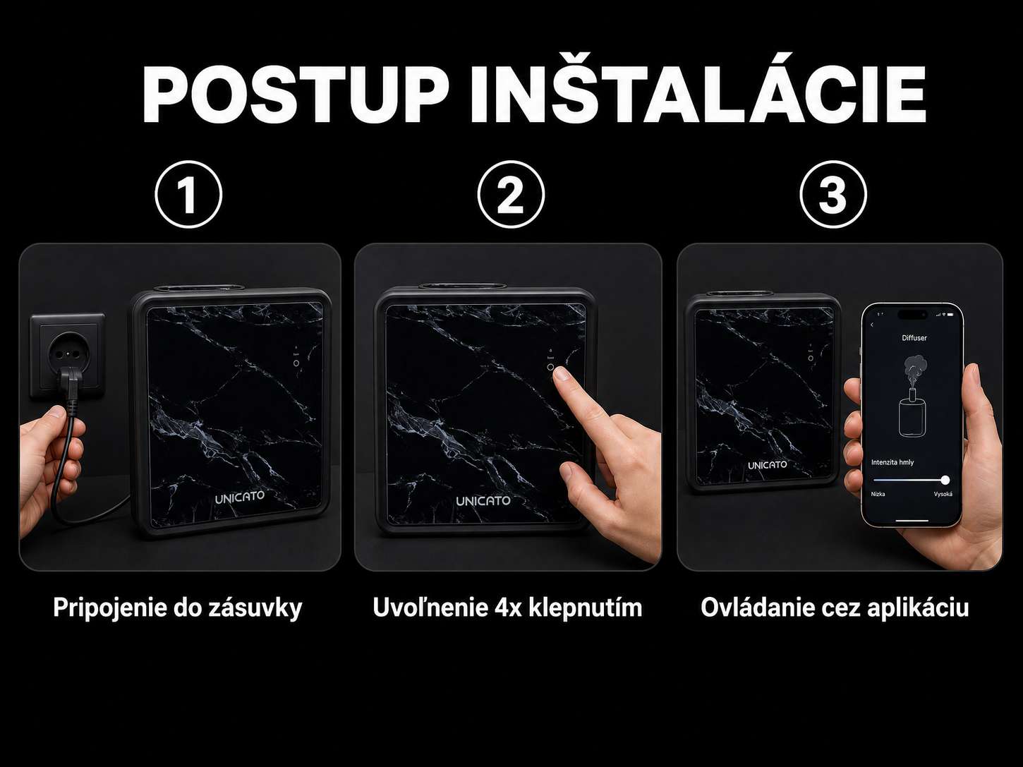 Kroky inštalácie MARBLE-L: zapojenie do zásuvky, uvoľnenie zámku, ovládanie cez aplikáciu