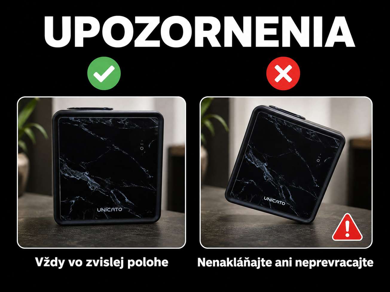 Upozornenia k MARBLE-S: difúzer držte vo zvislej polohe, nenakláňajte ho