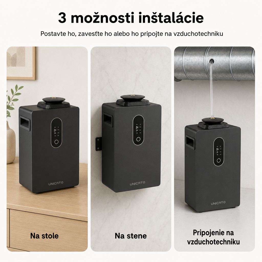 Q1000-PRO na stole, na stene a s pripojením na vzduchotechniku