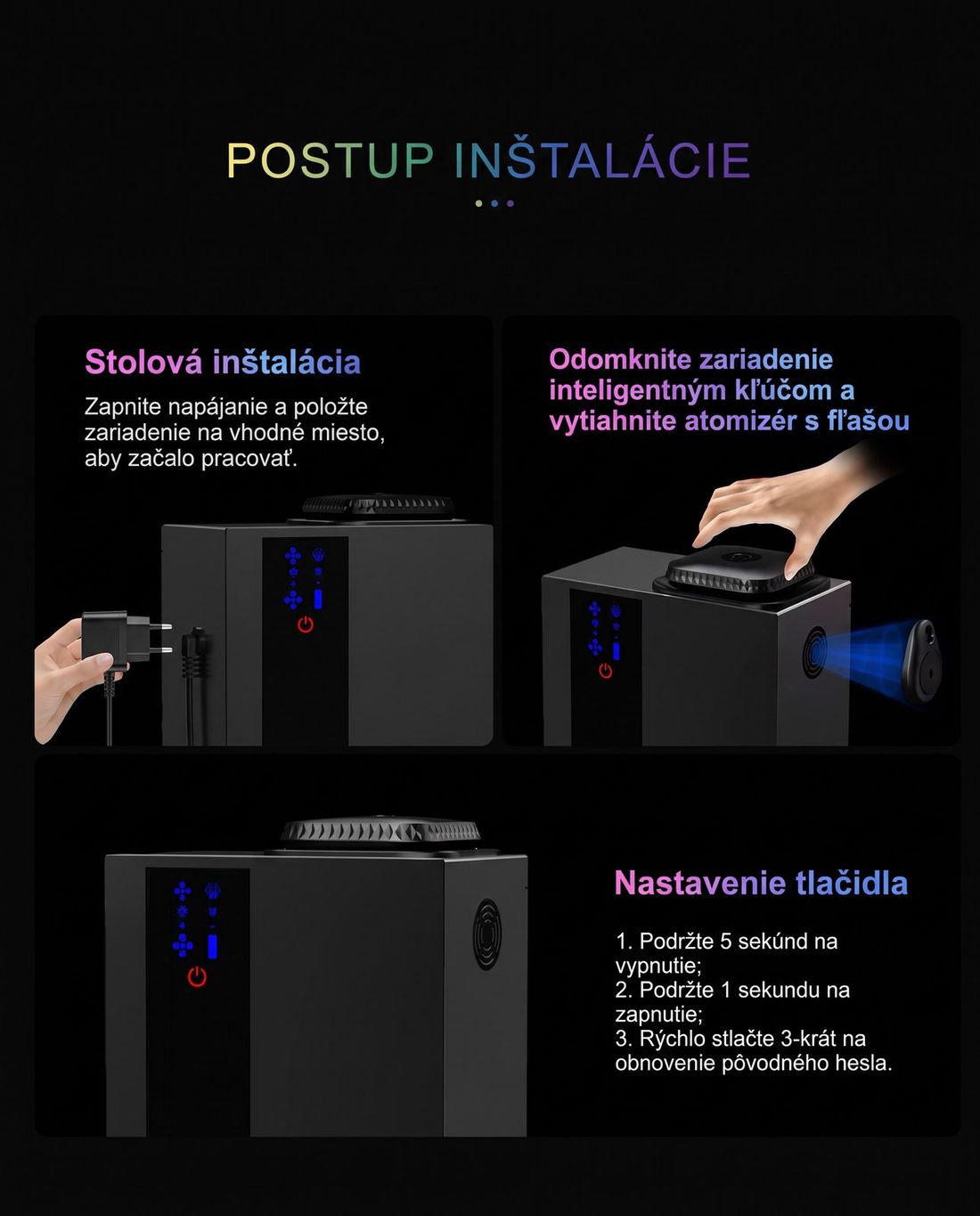 Kroky inštalácie TORI A300: umiestnenie na stôl, odomknutie inteligentným kľúčom, nastavenie spínača