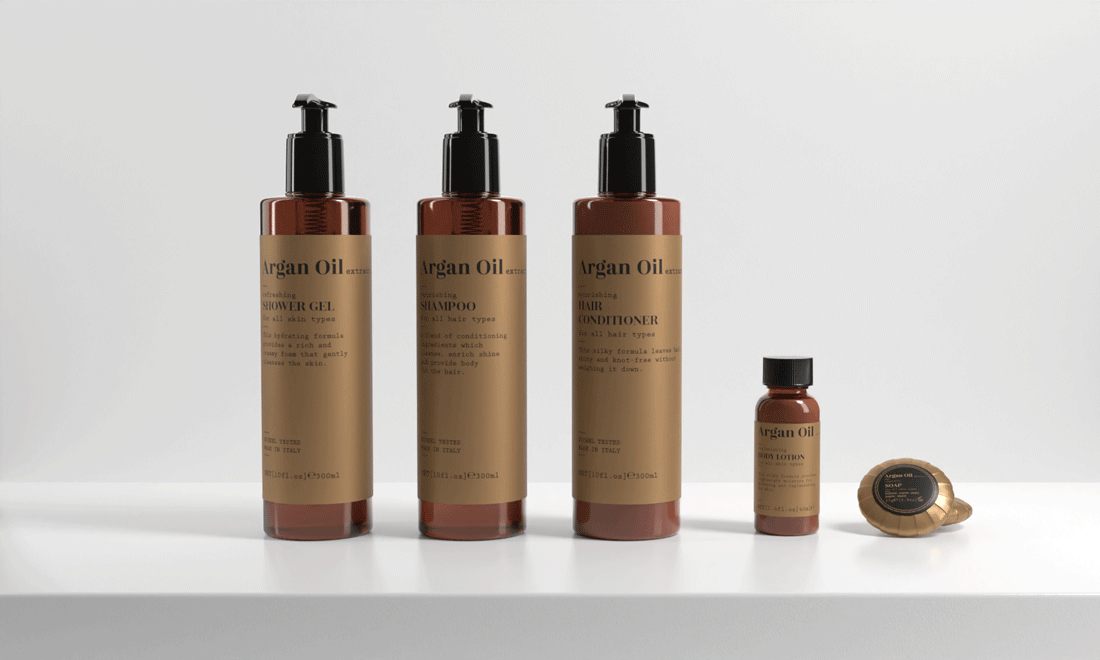 Sprchový gél, šampón a kondicionér ARGAN OIL extract 300 ml, telové mlieko 40 ml a mydielko