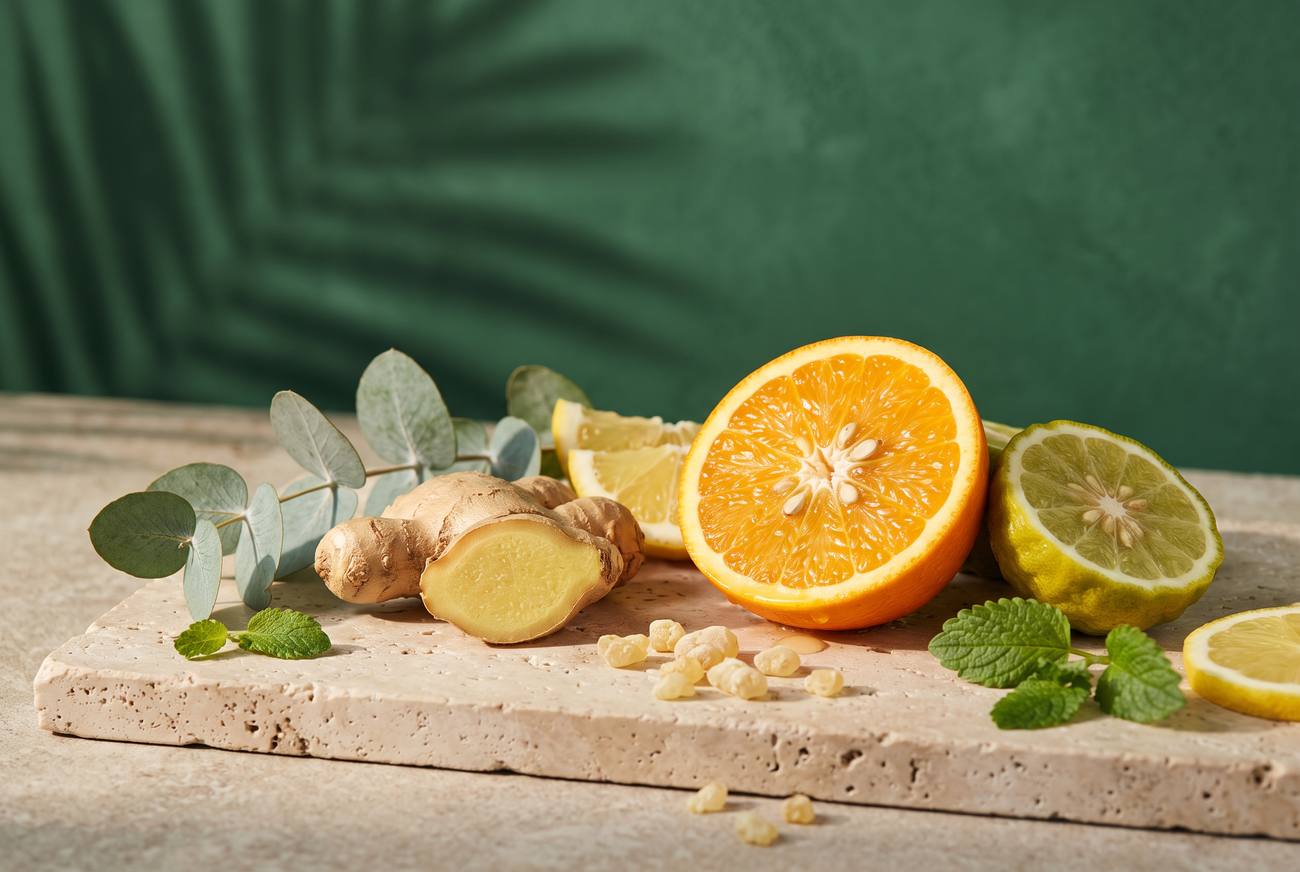 Zázvor, pomaranč, bergamot, citrón, eukalyptus a medovka na travertíne pred smaragdovou stenou